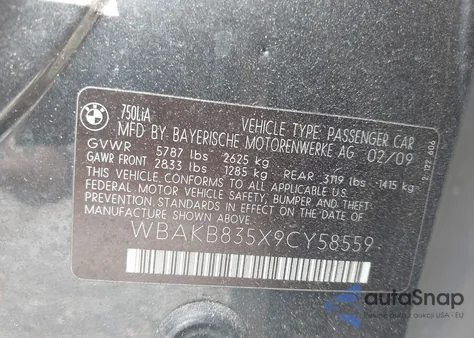 2009 BMW 750Li from USA, damaged, VIN WBAKB835X9CY58559